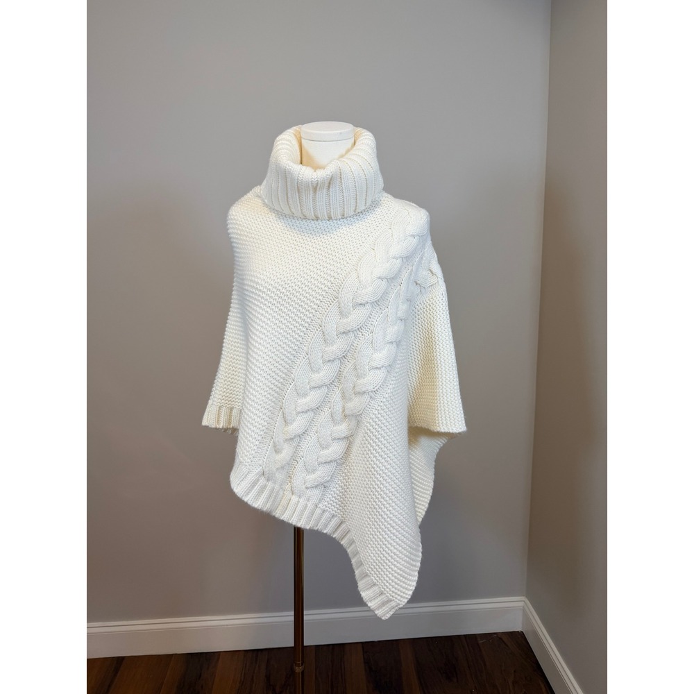 Ann Taylor Factory Cream Cable Knit Turtleneck Poncho Asymmetrical One Size